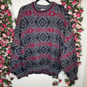 🌹Winona Knits Gray Red Crewneck Sweater Grandpa Sweater Bold Casual Large Wool